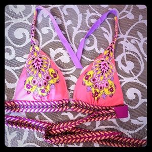 M VS neon coral paisley halter swim